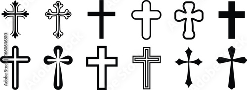 Cross symbol collection, religious icons, Christian faith design, ornate decorative crosses, sacred vector art, church emblem illustration, spiritual graphic elements set
