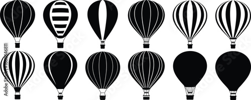 Hot air balloon collection, black and white patterns, vintage travel design, striped balloon illustration, decorative vector art, adventure flight graphic