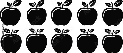 Apple icon collection, black and white fruit design, highlighted unique apple, pattern recognition concept, vector illustration, minimal graphic, educational fruit artwork