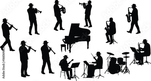 Jazz band silhouette vector, musicians playing instruments, trumpet, saxophone, drums, piano, live concert clipart for music-themed designs