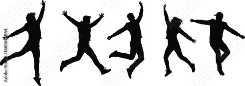 Jumping people silhouette, happy group celebration, energetic youth movement, freedom expression, vector illustration, dynamic motion symbol, creative dance pose