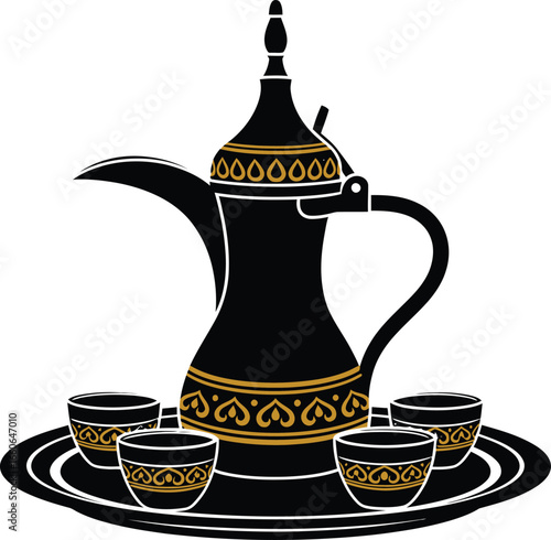 Vector art of traditional arabic dallah coffee pot with cups