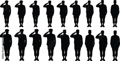 Military soldier salute silhouette, army personnel standing at attention, uniformed men in formation, respect, discipline, vector illustration graphic art