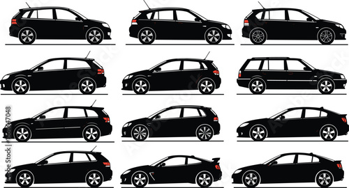 Multiple black car vector silhouettes, side view modern hatchbacks, sedans, compact cars