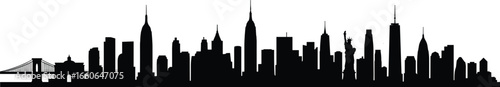 New York City skyline silhouette, urban landscape vector illustration, famous buildings, Statue of Liberty, skyscrapers, cityscape black design