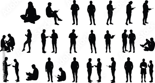 Multiple people silhouettes using devices, standing and sitting poses, casual human interactions, black vector illustration, modern lifestyle, tech usage collection