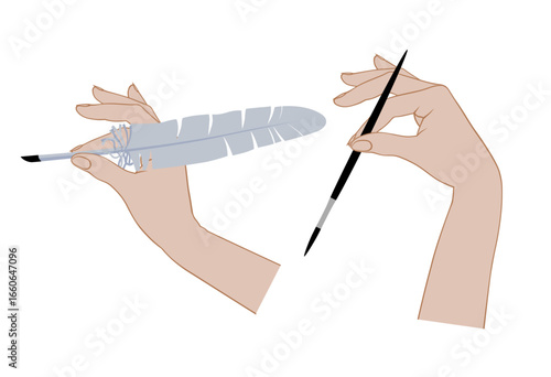 Two female hands are holding a feather pen and a thin brush. Vector illustration in linear and flat style