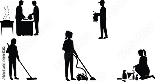 People cooking, sweeping, mopping, vacuuming, and washing dishes, home cleaning silhouettes, domestic chores, housekeeping vector, family housework teamwork scene