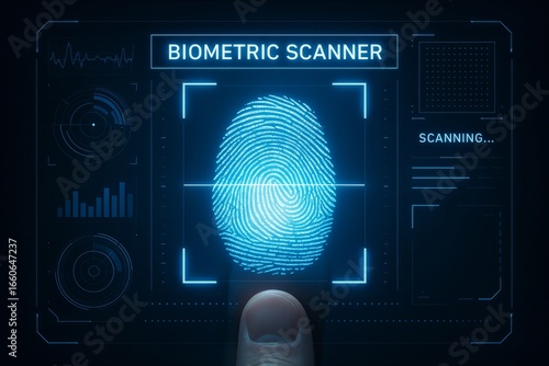 Fingerprint scanning on a futuristic biometric scanner for security and identification.