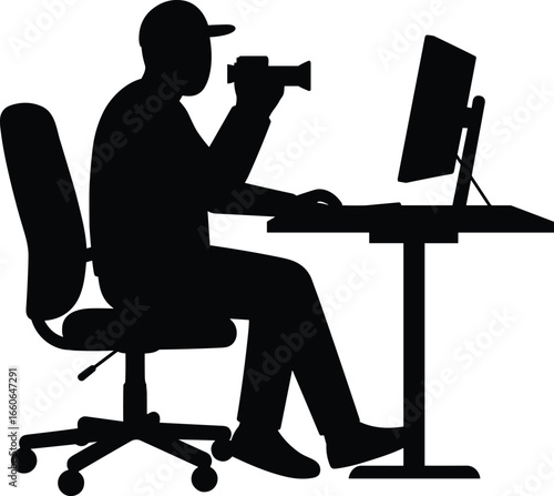 Photographer editing photo, working at desk, holding camera, creative workspace, man with monitor, silhouette style, vector illustration, black design