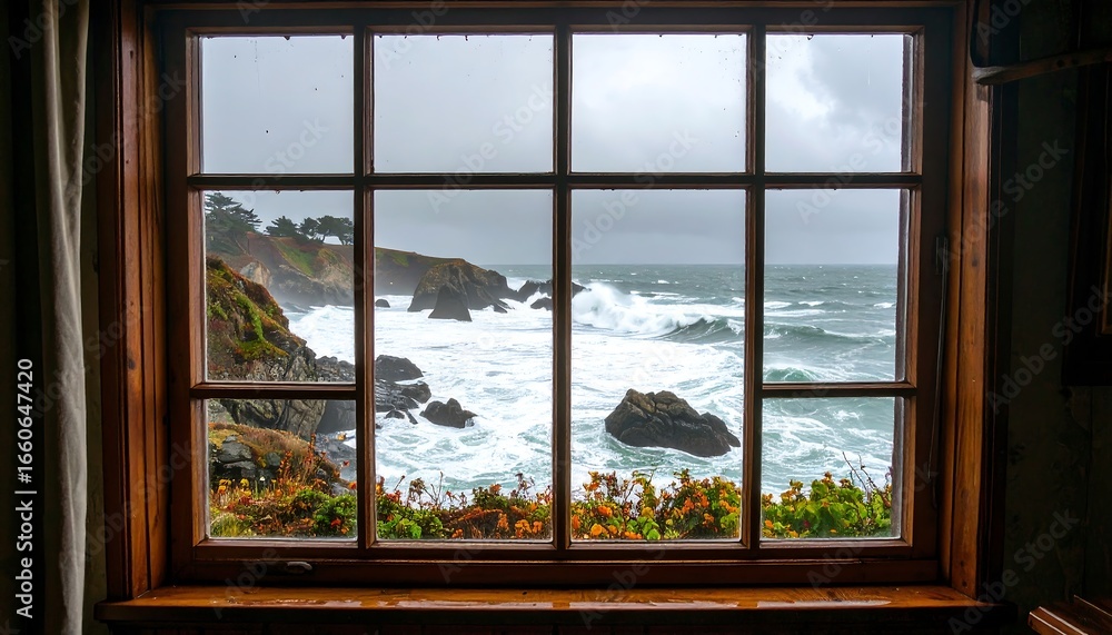 Fototapeta premium Coastal view through a window on a stormy day