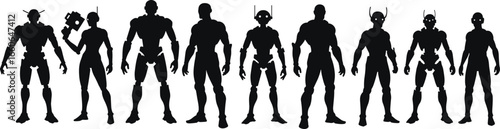 Robot character silhouette vector set, futuristic android warrior poses, cyberpunk sci-fi design, black mechanical figure illustration for tech themes