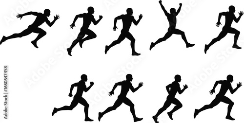 Running athlete silhouette vector set, sprinting man poses collection, fitness sports design, dynamic runner motion, black illustration elements