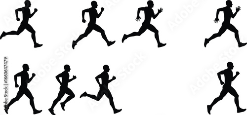 Running man silhouette vector illustration, sports motion graphic, sprinting poses, fitness workout, athlete activity design for exercise and training