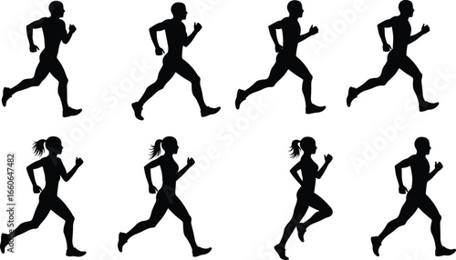 Running silhouette vector of men and women, fitness jogging illustration, athlete training poses, exercise workout icon for active lifestyle