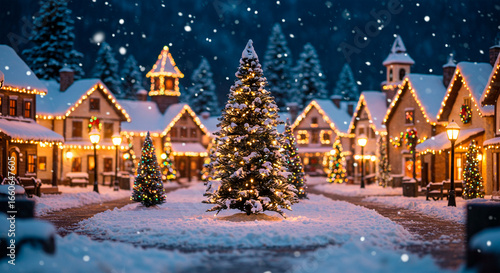 A charming snowy village decorated with Christmas lights at night, magical festive atmosphere