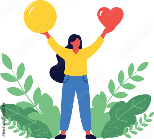 Vector art of woman holding a gold coin and a red heart