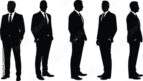 Silhouette of business men in suits, standing pose, professional team, corporate dress, leadership concept, vector illustration for business design