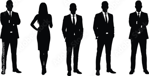 Silhouette of business professionals, men and woman standing confidently, formal attire, leadership concept, corporate team, vector illustration design