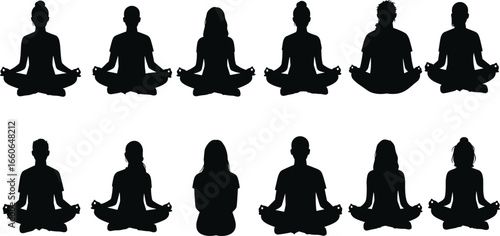 Silhouette of people meditating in lotus pose, peaceful yoga posture, mindfulness practice, spiritual calm, seated meditation, vector illustration, zen