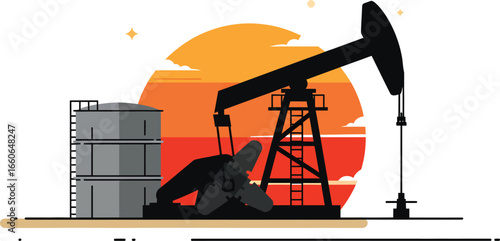 Silhouette of an oil pump jack and storage tanks against a stylized sunset