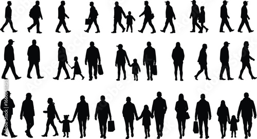 Silhouette of people walking, standing, family with kids, urban lifestyle, group activity, street view, vector human illustration, black shapes