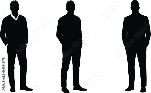 Silhouette of three standing men, hands in pockets, business casual pose, professional male figure vector illustration, isolated black design