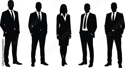 Silhouettes of business professionals in formal wear, male and female characters, standing poses, office attire, vector illustration for design