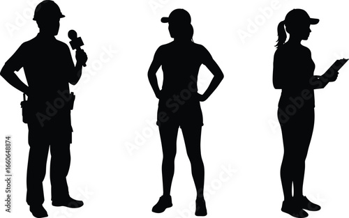 Silhouettes of working people, construction worker, female coach, clipboard woman, uniform, standing pose, professional job role, vector illustration