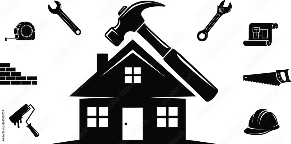 Fototapeta premium Black and white illustration of a house with construction tools representing home repair and building