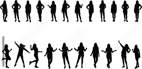 Silhouettes of young women in casual poses, dancing and standing, female figure vector illustration, expressive body language, fashion concept art