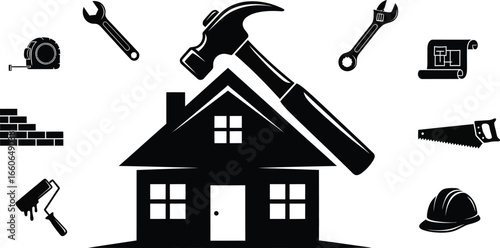 Black and white illustration of a house with construction tools representing home repair and building