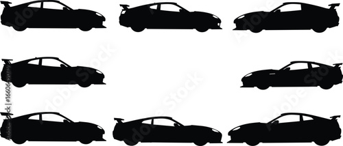 Sport car silhouette vector collection, modern racing coupe designs with spoilers, ideal for automotive graphics, vehicle illustrations, car templates