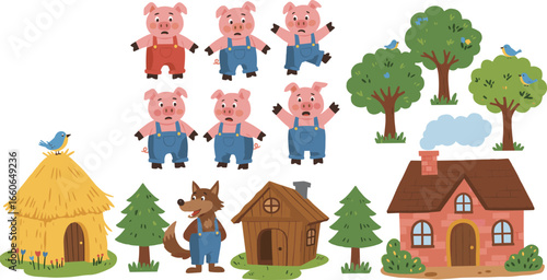 Three little pigs story set, cartoon pig characters, big bad wolf, fairy tale houses, vector forest illustration, children's book elements