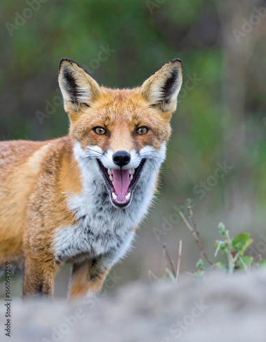 Close-up of a red fox with mouth open