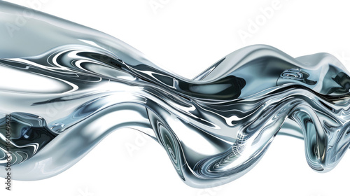 Abstract Flowing Metallic Wave with Shiny Silvery Texture on Transparent Background