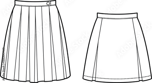 Vector CAD drawing illustration of a pleated wrap skirt with button closure and flared silhouette, front and back view fashion design