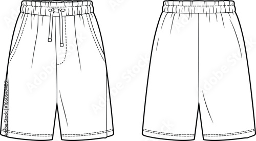 Vector CAD technical flat drawing of casual elastic waist drawstring shorts with side pockets and straight leg design