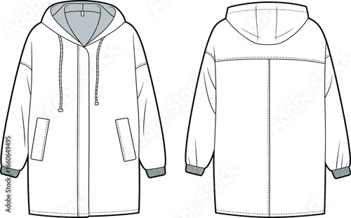 Vector CAD technical flat drawing of a hooded parka jacket with ribbed cuffs, front and back views fashion illustration