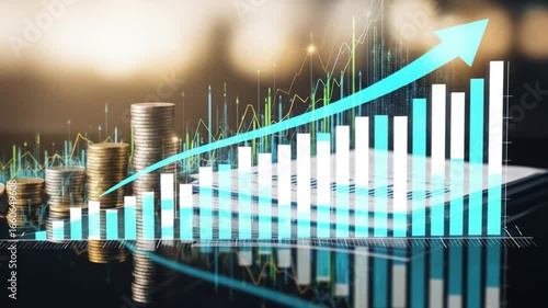 Stacks of increasing gold and silver coins with a rising blue arrow over a growing bar chart and financial data background, symbolizing business growth and investment success.