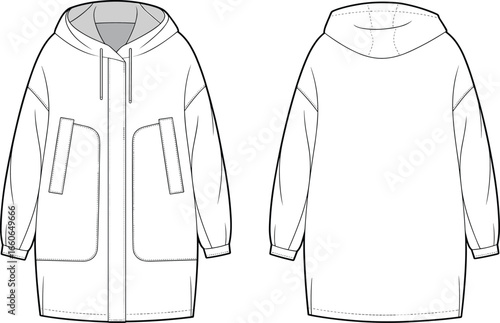 Vector CAD technical flat drawing of a hooded parka jacket with ribbed cuffs, front and back views fashion illustration
