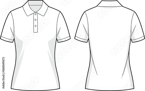 Vector CAD technical flat drawing of women’s short sleeve polo shirt with collar and three-button placket front view