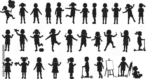 Vector illustration of active children silhouettes, playing, running, jumping, learning, holding balloons, using scooter, drawing and having fun together