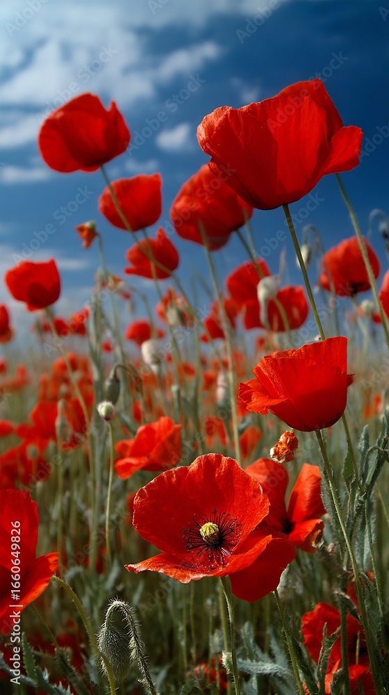 Fototapeta premium Sunlit field of red poppies a blue sky striking floral vertical wallpaper