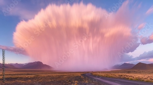 Spectacular lenticular cloud formation over a rural landscape in the evening light