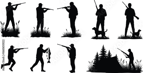Vector illustration of hunters with guns, dogs, fishing catch, outdoor forest scenes, perfect for hunting, camping, wildlife, adventure, and sports themes