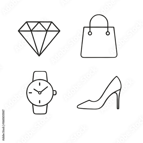 Outline icons of diamond, handbag, watch, and high heel on white background  