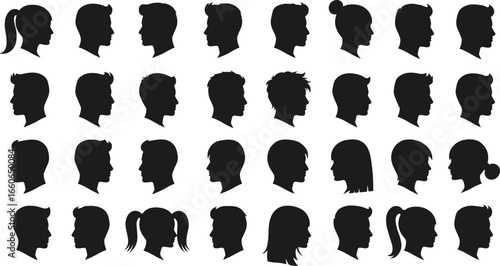 Vector illustration of male and female head silhouettes, profile icons collection for avatar, people identity, social, business, digital use