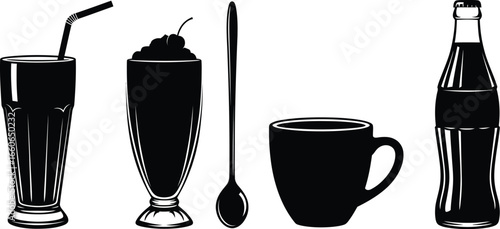 Black on White Classic American Diner Drink Silhouettes - Soda and Milkshake
