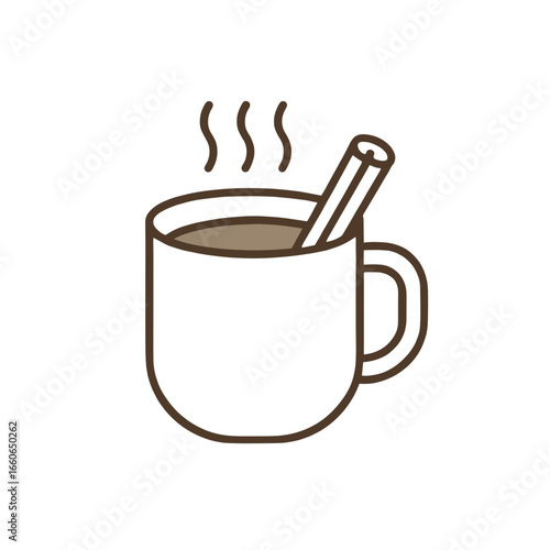 Hot cocoa mug with cinnamon stick and steam on white background  